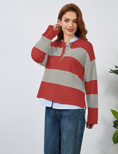Image of Womens Striped Sweater Rugby Polo Shirts Y2k Collar Pullover Tops
