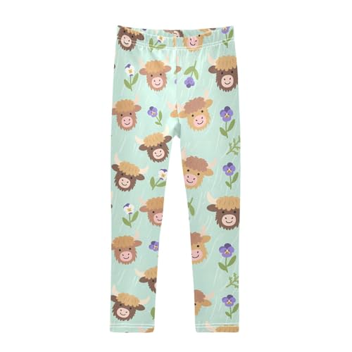 Cartoon Highland Cow Flower Girls Leggings Soft Stretch Workout Yoga Dance Pants for Kids Casual Tights