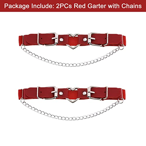 Alisikee 2Pcs Leather Leg Garter With Chains, Elastic Rock Heart Thigh Garter For Women, Red #TOP3