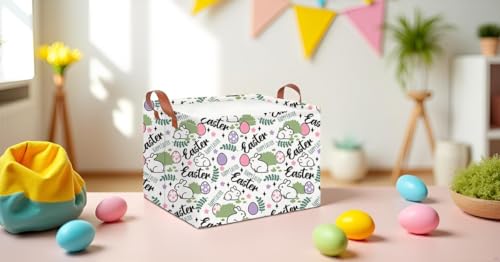 Image of CLOCOR Rectangular Green Easter Gift Basket Empty,Waterproof Storage Basket with Handles,Room Decor(Rabbit Egg)