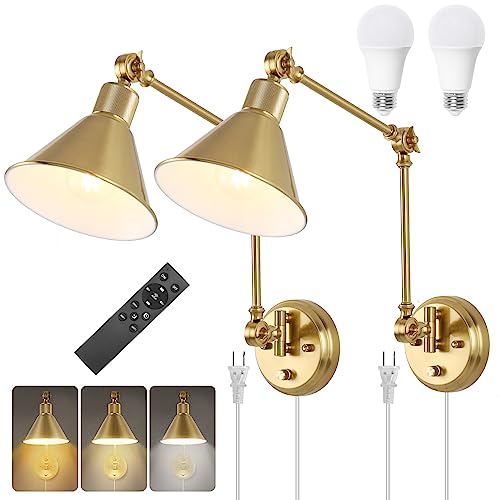 Image of TRLIFE Wall Sconce with Remote Control, Brushed Brass Plug in Wall Sconces Dimmable and Adjustable Color Temperature 2700K-6000K, Swing Arm Wall Lights with Plug in Cord, UL Listed(2 Pack, 2 Bulbs)