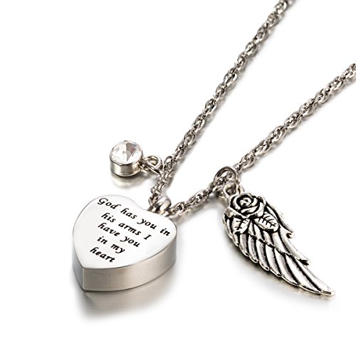 Cremation Urn Jewelry God Has You In His Arms Angel Wings April Diamond Birthstone Memorial Ash Keepsake Necklace