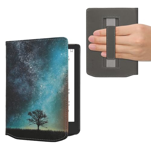 kwmobile Schutzhülle für Pocketbook Verse/Verse Lite/Verse Pro/Color/Vivlio Light/Light HD - eReader Flip Case mit Handschlaufe und Auto Sleep - Galaxie Baum Wiese mit Blau Grau Schwarz