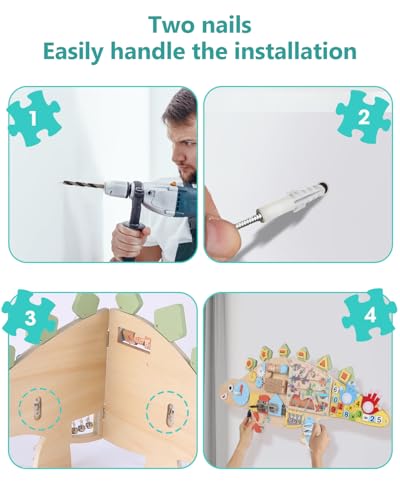 Dinosaur Activity Wall Busy Board - 11-in-1 Foldable Wooden Montessori Sensory Panel for Kids 3-7, Wall Mounted Toddler Learning Activity Center for Playroom Classroom Daycare, Autism Sensory Toy - Image 4