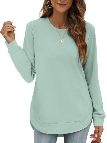 Image of OFEEFAN Womens Sweatshirt Crewneck Long Sleeve Shirts High Low Tops Curved Hem