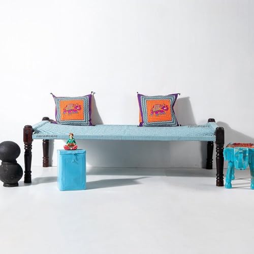 Image of Solid Sheesham Wood Charpai Khat | Handcrafted Daybed Khatiya Charpai with Cotton Rope | Traditional Khat Bed Wooden Diwan Cot for Living Room | 6X3 Feet | Light Blue