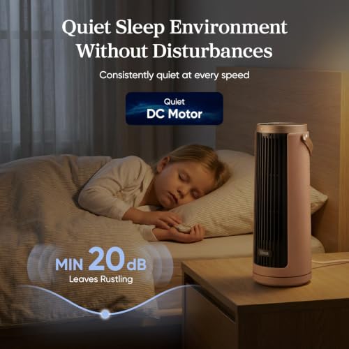 Image of Levoit Windi Mini Tower Fan for Bedroom, Portable Desk Fan, 20dB Quiet | 23ft /s Oscillating Fan, 3 Angles 4 Speeds, Bladeless, Easy to Carry, DC, Remoter, 12H Timer, for Home, Room, Office, Clay
