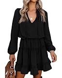 BTFBM Long Sleeve Fall Dresses for Women 2026 Summer Casual Tie Neck Ruffle Tiered A Line Wedding Guest Short Mini Dress(Long Sleeve Black, Medium)