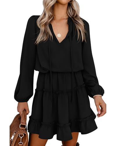 BTFBM Long Sleeve Fall Dresses for Women 2026 Summer Casual Tie Neck Ruffle Tiered A Line Wedding Guest Short Mini Dress(Long Sleeve Black, Medium)