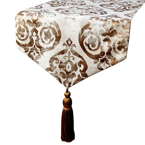 The HomeCentric Dekorativ Gold Tischläufer, 35 x 90 cm Die Seide Tischläufer, Damast mit Quasten, Damast Tischwäsche, Modern Hochzeitsdeko - Avana Cover