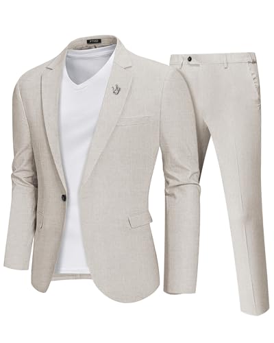 YND Men's 2 Piece Casual Linen Suit Set, Regular Fit Lightweight Blazer Jacket and Pants for Wedding, Business, Party Beige Small