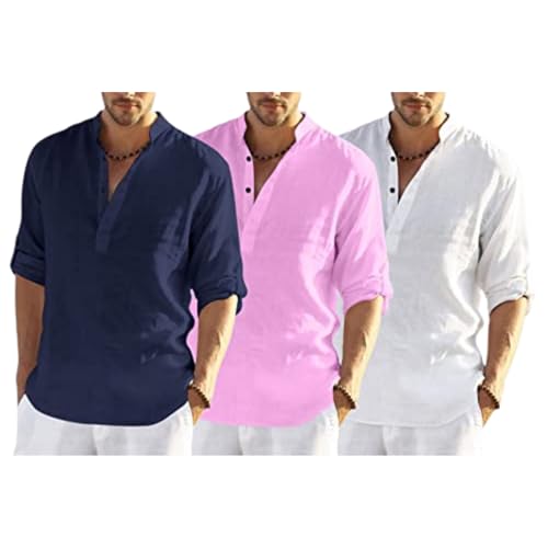Image of Men's Cotton Blend Combo Short Kurta with Mandarin Collar Neck Full Sleeves Solid Pattern Curved Hemline Regular Fit and Standard Length (Pack of 3)