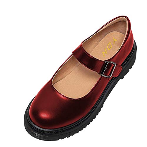 Image of YDN Women Classic Round Closed Toe Mary Jane Flats Platform Adjustable Single Ankle Strap Buckle Comfy Cute Pump Leather Patry Cosplay Girls Dress Shoe Size 4-16