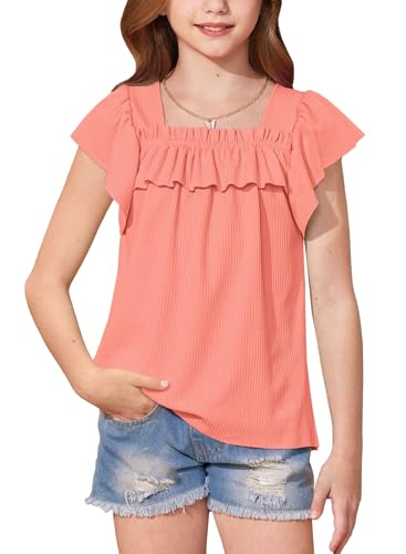 T-shirt d'été à manches courtes à volants et col carré pour filles de 5 à 14 ans