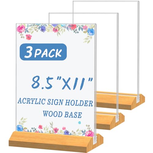 Image of 3 Pack Acrylic Sign Holder 8.5 x 11 Inch with Wood Base for Stores