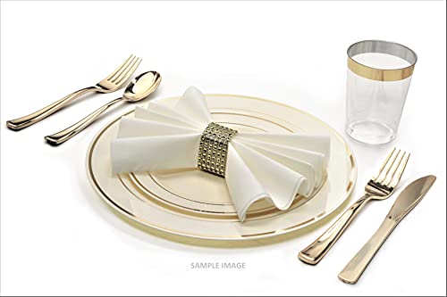 " Occasions" 240 Plates Pack,(120 Guests) Heavyweight Premium Wedding Party Disposable Plastic Plates Set -120 X 10.5'' Dinner + 120 X 7.5'' Salad/Dessert (Ivory & Gold Rim) #TOP3