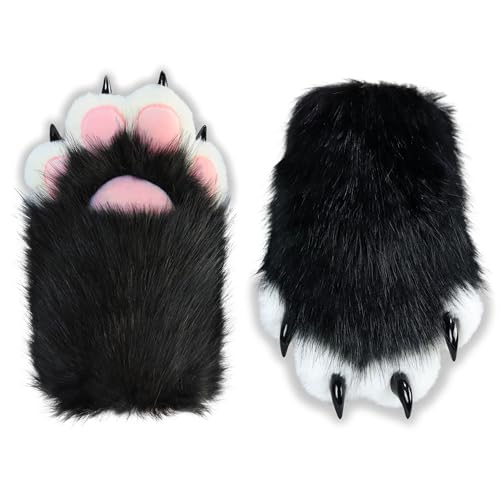 NexinEstic Schwarz Weiß Therian Pfoten Pelzig Pfoten Kunstpelz Katzenpfoten Handschuhe, Therian Handschuhe mit Krallen, Fursuit Pelziges Kostüm Cosplay Katzen Wolf Fuchs Kostüm