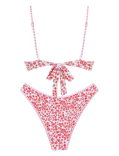 Image of ZAFUL Women High Cut Bikini Sets String Sexy Swimsuit Two Piece Underwire Bathing Suit Brazilian Cheeky Cut Out Cute Swimwear