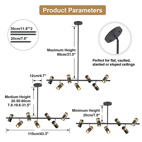 Image of KCO Lighting Black and Gold 7-Light Hanging Track Lighting Modern Kitchen Island Pendant Track Lighting Fixtures Mid Century Ceiling Mount Adjustable Spotlight
