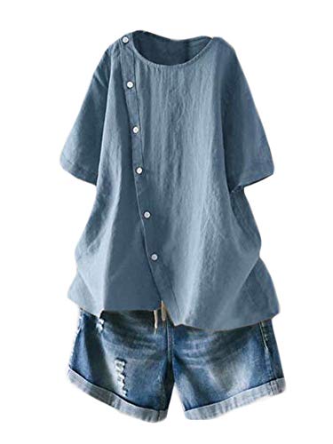 Minibee Women's Linen Blouse Tunic Short Sleeve Shirt Tops with Buttons Decoration Grey Blue L
