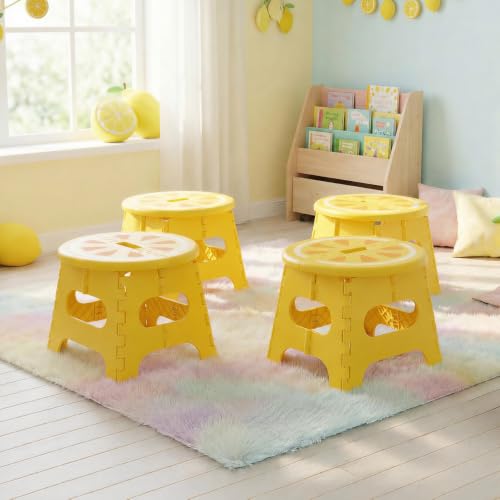 Image of Premium Folding Step Stool for Adults and Kids Non-Slip Folding Stools with Portable Handle, Compact Plastic Foldable Step Stool for Bathroom,Bedroom, Kitchen (Lemon Yellow)