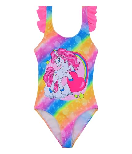 Traje de Baño para Niñas Bañador de Una Pieza con Volantes Traje de Baño Unicornio Ropa de Playa para Niñas de 2 a 14 Años (2-4 Years, 66611-Purple)