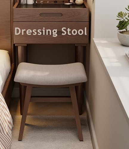 Image of Wooden Vanity Stool, Modern Makeup Dressing Stool solid wood with upholstery saddle seat stool concave ergonomic chair easy to install for bedroom, dining room, home office 16 inch wide brown