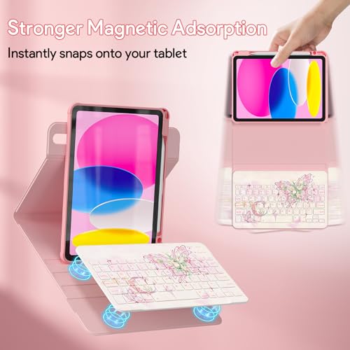 Image of YBING Keyboard Case for iPad 10th Gen 10.9 inch(2022) & 11th Gen(A16, 2025), Painted Patterns Detachable Keypad & Rotatable Magnetic Case with Pencil Holder (Butterfly Pink)