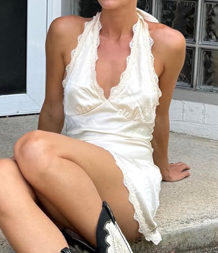 Image of Women Halter Low Neck Mini Dress Sexy Cutout Sleeveless Boho Short Dresses Open Back Night Party Going Out Sundress