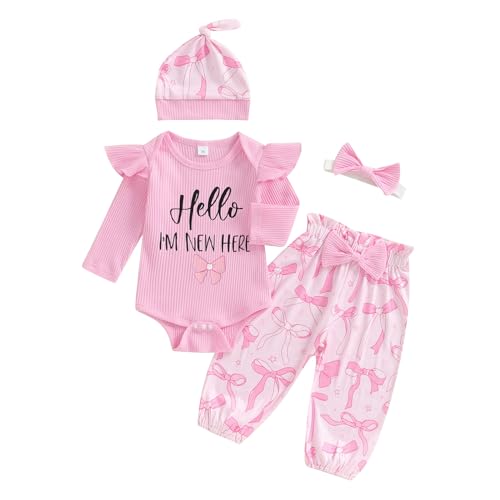 Newborn Baby Girl Clothes Outfits Rib Knit Bodysuit Romper Floral Pants Headband Hat Coming Home Outfit (6-9 Months,Hello I'm New Here Soft Bow)