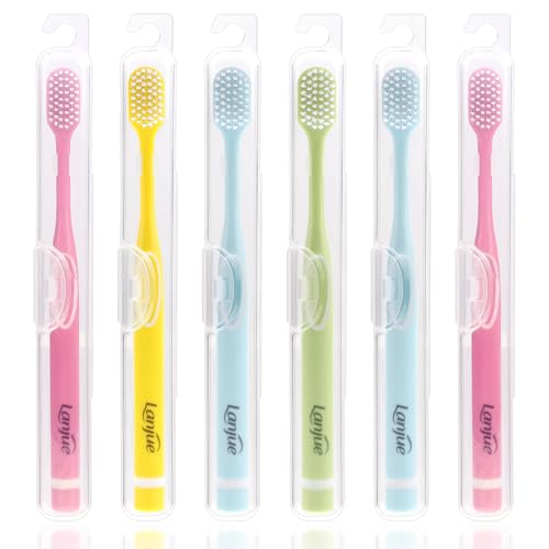lanjue 6pcs Travel Toothbrush Set Extra Soft Toothbrushes for Adults Gentle Portable Manual Toothbrush with Individual Travel Case Deep Cleaning Flossing Toothbrushes for Sensitive Teeth(Multicolor)