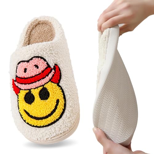Smiley Face Slippers for Women,Mukinrch Retro Cute Cowboy Happy Face Slippers Men,Comfy Memory Foam Preppy Slippers Warm Plush Cozy Slip-On Indoor Outdoor Fluffy House Slippers for Men Women4