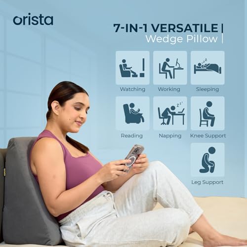 Image of Orista Wedge Pillow Made with Advance Gel Blended Memory Foam Complete Back Support, Acid Reflux, Anti Snoring, Leg Elevation, Improves Comfort and Posture | 20 x 20 x 10 Inch | Grey Velvet Cover
