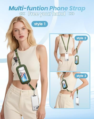 SHANSHUI Clip and Go Phone Strap Wallet Crossbody Phone Lanyard, Detachable Wristlet Strap with Zipper Phone Screen ID Window, 2 Pcs Metal Tether Pads Compatibe for iPhone & Most Smartphones Green — view 2