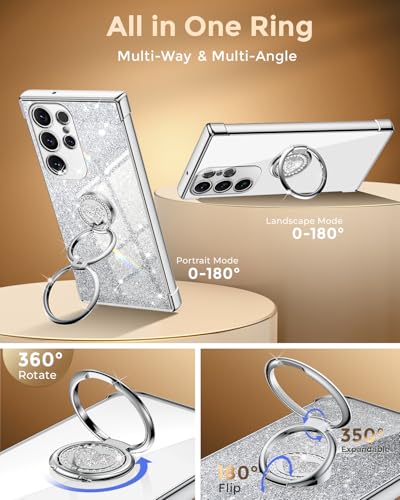 Image of XYZ for Samsung Galaxy S24 Ultra Case with Stand, Galaxy S24 Ultra Case with Double Ring, Women Girls Bling Luxury Glitter Clear Phone Case Cover Heart for Samsung Galaxy S24 Ultra, Silver | Galaxy S24 Ultra Case