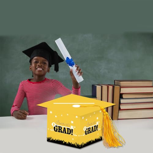 Image of 2026 Graduation Party Card Box, Yellow Gold Congrats Cap Card Holder Box with Tassel for 2026 Graduation Party Decorations