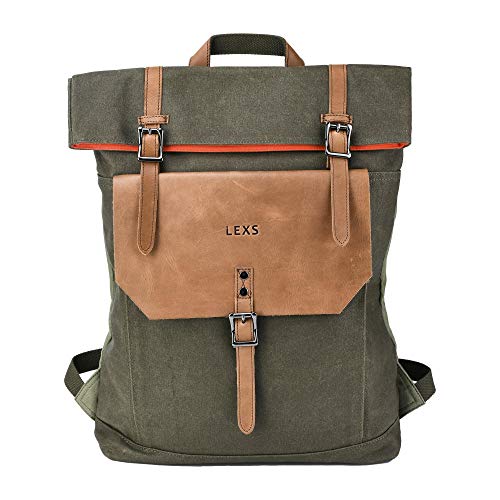 LEXS Laptop Backpack 15.6 inch Canvas Leather Rucksack Slim Water Resistant Work School Bag Green