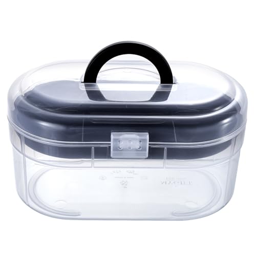 Image of MyGift 11 x 7 Inch Clear Plastic Arts & Crafts Storage Case, Round Portable Container with Black Top Handle and Removable Tray for First Aid Kit or Sewing Supplies