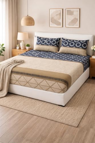 Image of Premium Glace Cotton Fitted King Size Bedsheet - 180 TC Soft Touch, Deep Pocket Snug Fit for 8 inch Mattress, Wrinkle-Free Bedspread with Pillow Covers Brown Check