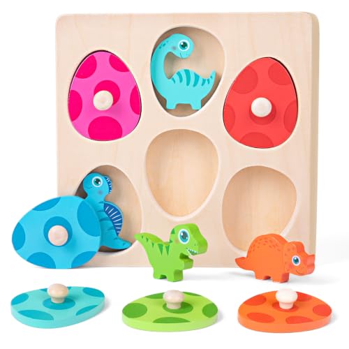 Image of Baby Wooden Montessori Dinosaur Puzzles Toys for Boys Girls 1 2 3 Year Old, Toddlers Sensory Toys Dinosaur Eggs Motor Skill Toy Sorting Game, Baby 1st Birthday Gift