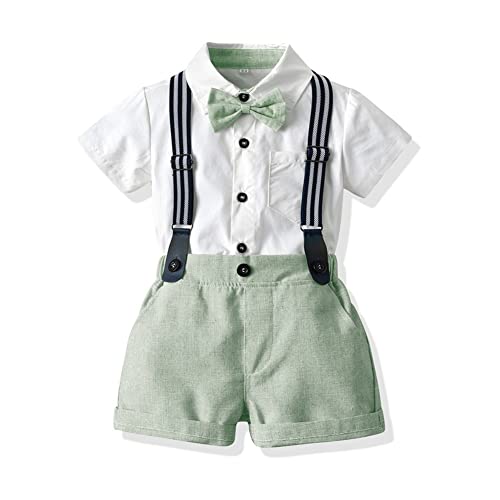 Baby Jungen Gentleman Anzüge, Kinder Kurzarm Bowtie Shirt Strampler + Hosenträger Shorts Overalls Festliche Taufe Hochzeit Gentleman Shorts Set Grün 12-18M Cover