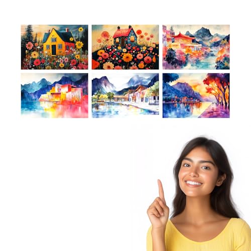 Image of SiddArtify Watercolor Landscape Wall Art Prints Set - Colorful House Poster Decor for Living Room Bedroom Office - 12x18 inch Board Pack of 6