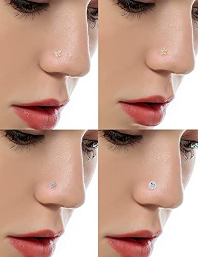 Tornito 9Pcs Nose Rings Stud L Bone Screw Shaped Nose Ring Flower CZ Snowflake Butterfly Screw Nose Stud Body Piercing Jewelry for Women Men 20G Silver Gold Rose Gold Tone2