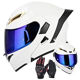 VHVYWY Klapphelm für Motorradfahrer mit Doppelvisier, DOT/ECE-geprüft, farbige Gläser, modularer Motorrad-Crashhelm mit Handschuhen für Erwachsene, Männer und Frauen 11,XL