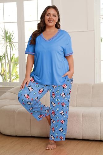 Image of Vozanet Women's Plus Size Pajama Sets Short Sleeve Long Pants Solid Color with Piping Trim Elegant Loungewear Cozy Sleepwear