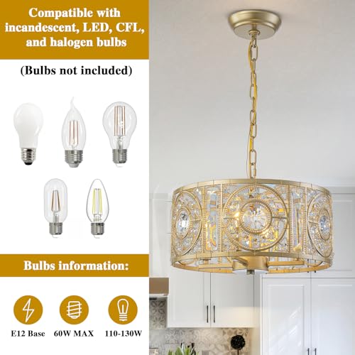 Image of Vintage Crystal Round Chandelier 14.17 inch Gold Dining Room Chandelier Over Table 4-Lights Classic Drum Pendant Light Fixture for Living Room Kitchen Island Entryway.
