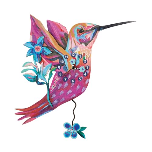 Enesco Allen Designs Hummingbird Sweet Nectar Battery-Operated Wooden Pendulum Wall Clock 14 Inch Multicolor