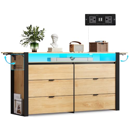 WLIVE 78 Inch Dresser for Bedroom, Long Chest of Drawers Expandable Wood Dresser from 5'3" to 6'5'' with Flexible Shelves and Hanging Rack, Led Dressers for Living Room (85'' TV)