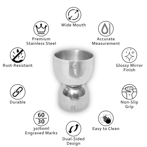 Image of Lamina Set of 2 Stainless Steel Damru Peg Measure (30 /60 ml, Silver) Double-Sided Round Cocktail Jigger for Home, Kitchen, Hotels & Professional Bartenders - Drink Measuring Bar Tool (with Box).