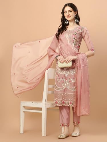 Image of NIVANA Womens Pakistani Embroidered Kurta with Pant & Dupatta | Organza Kurta Set with Round Neck & 3 /4 Sleeves | Traditional Ethnic Wear for Festive and Party Occasions